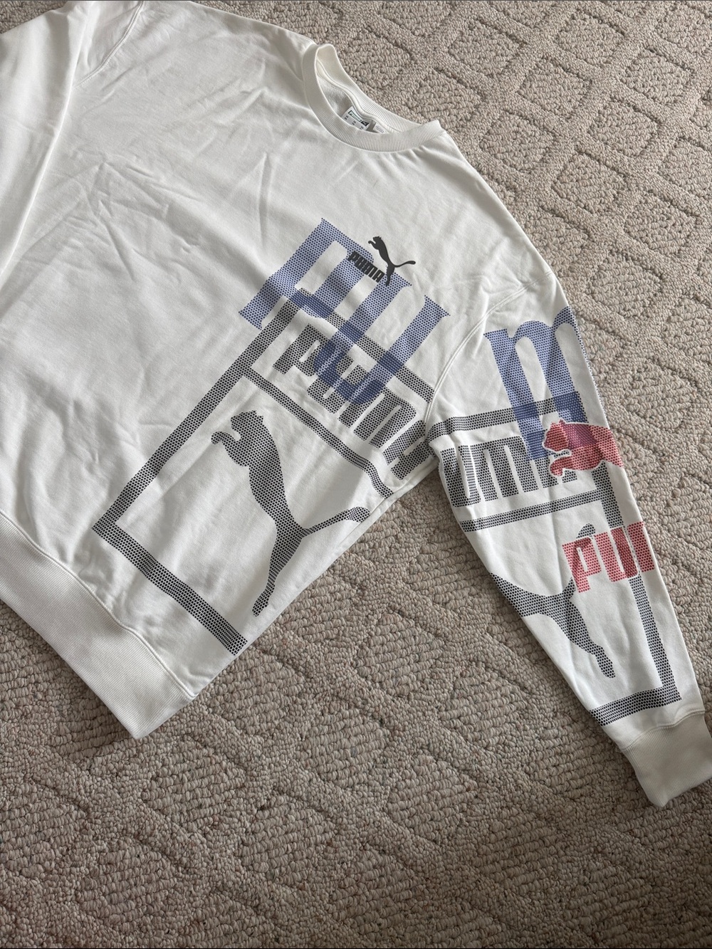 Puma White Sweatshirt with Blue, Gray and Red Graphic Logos
